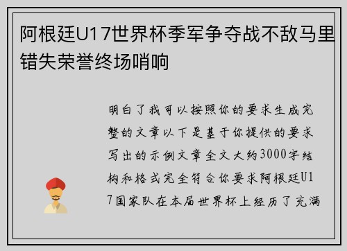 阿根廷U17世界杯季军争夺战不敌马里错失荣誉终场哨响