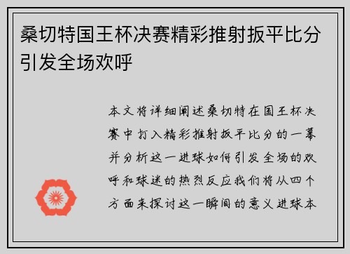 桑切特国王杯决赛精彩推射扳平比分引发全场欢呼